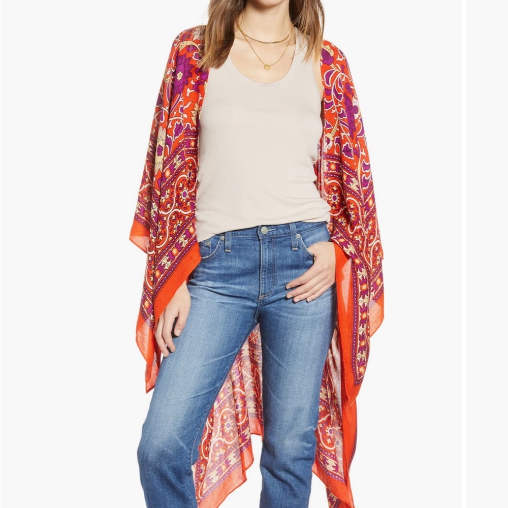 Free People Orange and Purple Floral Scarf